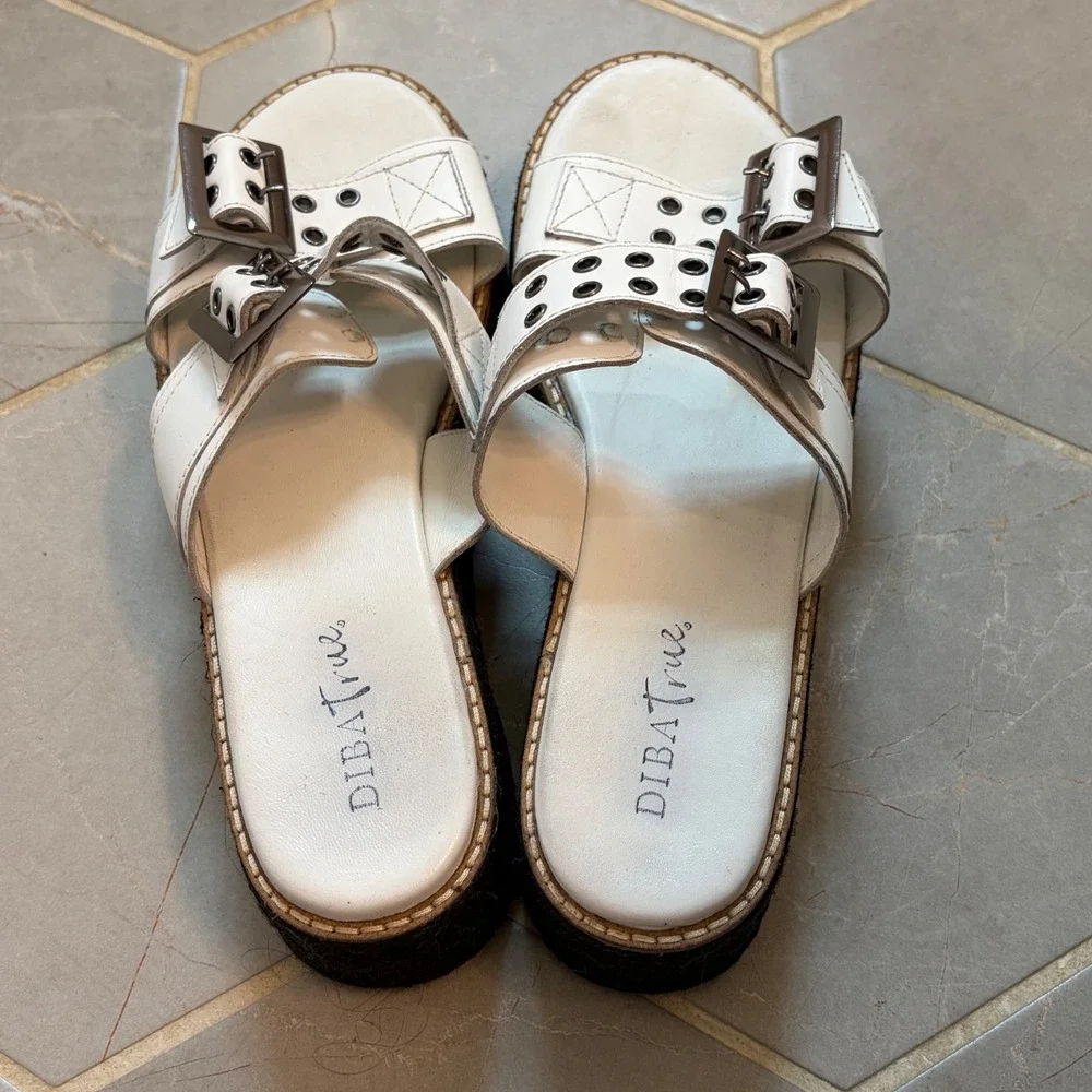 Diba True Derby Shoe White Leather Platform Buckle Slide Sandals Womens 10M 41